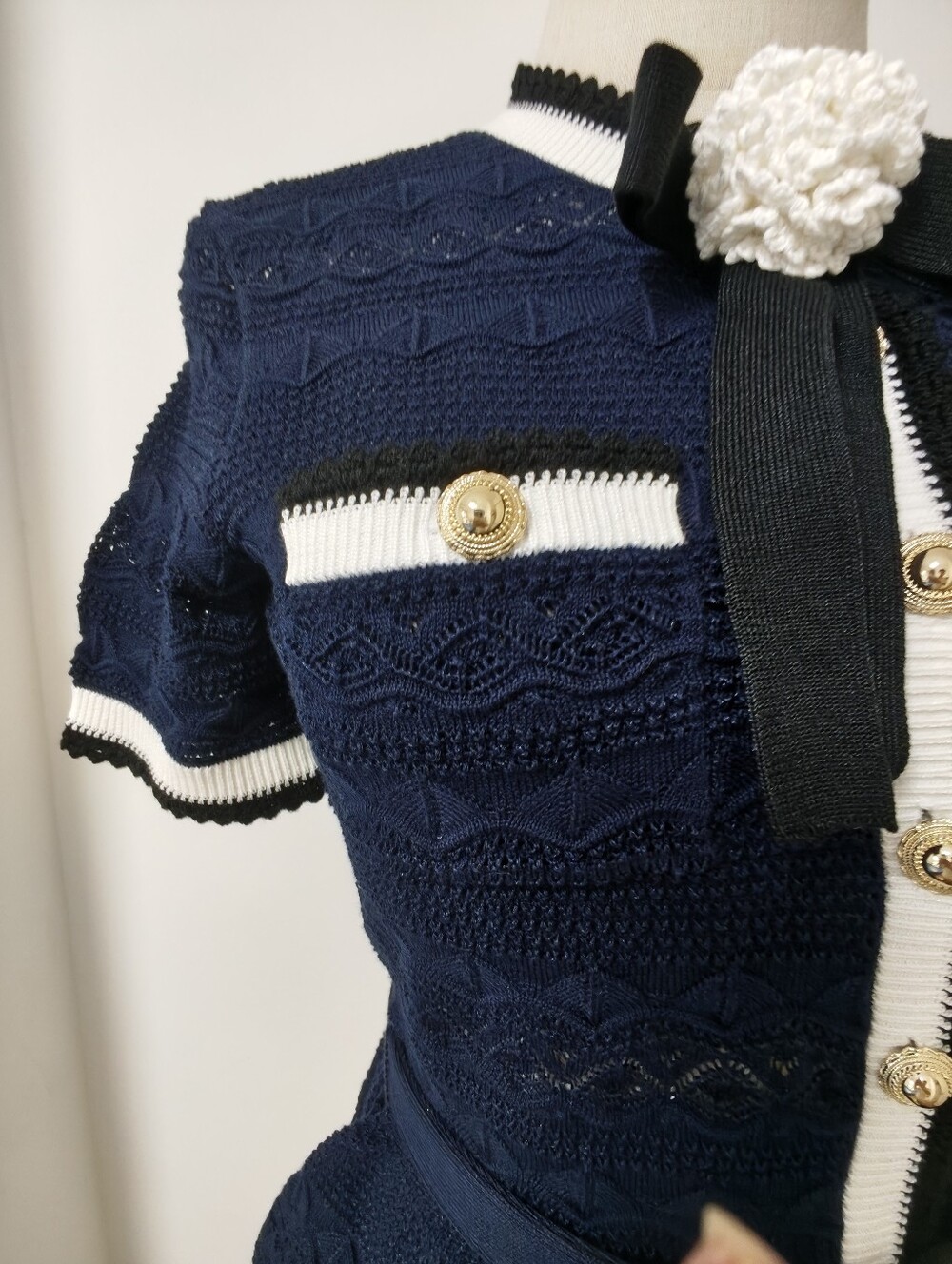 Self Portrait Navy Peplum Pointelle Knit Top - Picture 9 of 13
